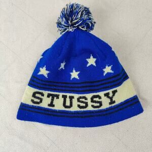 Vintage Y2K Stussy Beanie Adults One Size Blue Knit Star Intarsia‎ Pom Pom Vtg